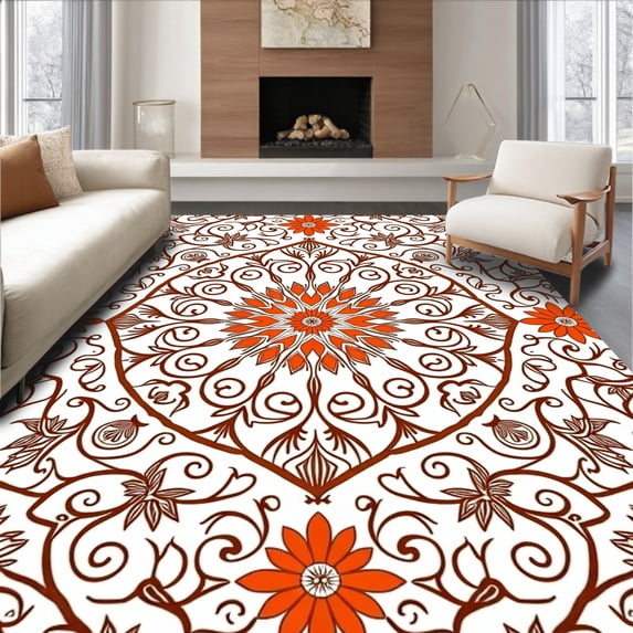ODIKA 5'x7' Machine Washable Non-Slip Area Rug, Celestial Medallion with Interlocking Botanical Scrollwork Motifs High Traffic Rug with Pad, Orange, 709316