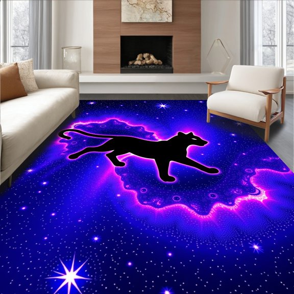 ODIKA 5x7 Machine Washable Non-Slip Area Rug, Celestial Tiger Prowling Through Cosmic Nebula Artistic High Traffic Rug, Black, 553612
