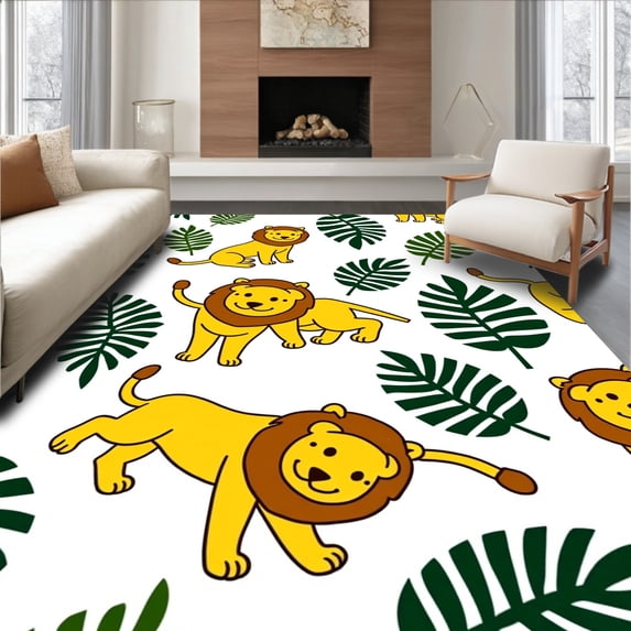 ODIKA 5'x7' Machine Washable Non-Slip Area Rug, Charming Animal With Smiling Lion and Tropical Accents High Traffic Rug, Yellow, 720395