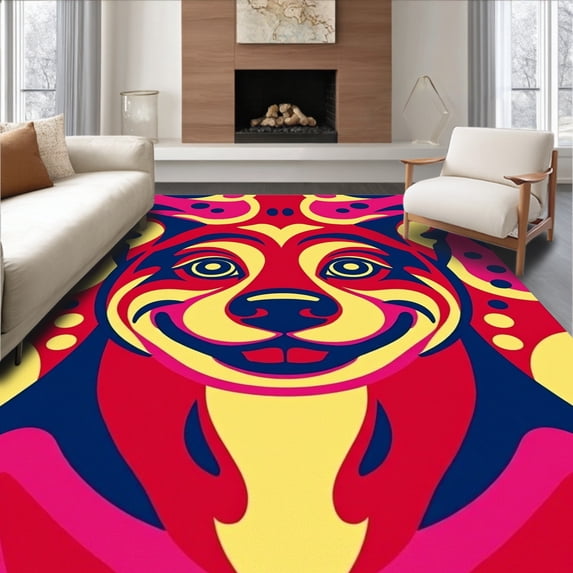 ODIKA 5'x7' Machine Washable Non-Slip Area Rug, Charming Canine Portrait with Abstract Animal Inspired Spotted High Traffic Rug with Pad, Red, 619844