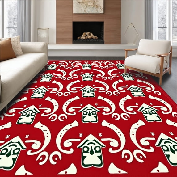 ODIKA 5'x7' Machine Washable Non-Slip Area Rug, Charming Gingerbread Village Scene with Interlocking Peppermint Swirls High Traffic Rug with Pad, Red, 629932