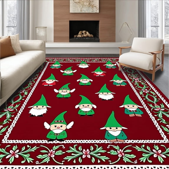 ODIKA 5'x7' Machine Washable Non-Slip Area Rug, Charming Gnome Gathering with Holly Berry Vine Details High Traffic Rug, Red, 621765