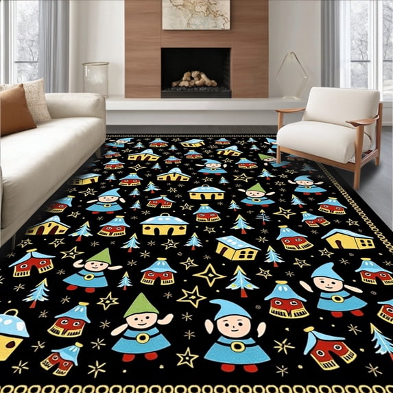 ODIKA 5'x7' Machine Washable Non-Slip Area Rug, Charming Gnome Village Winter Scene with Details High Traffic Rug, Black, 638489