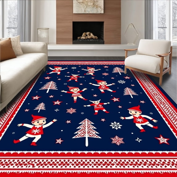 ODIKA 5'x7' Machine Washable Non-Slip Area Rug, Charming Nordic Noel Floor Protection With Whimsical Folklore Designs High Traffic Rug with Pad, Blue, 621791