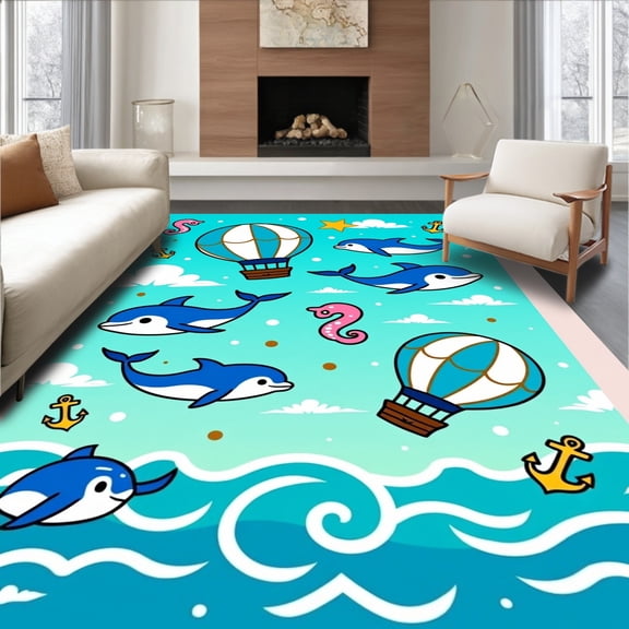 ODIKA 5'x7' Machine Washable Non-Slip Area Rug, Charming Ocean Creatures Voyage in Nautical Air Ships High Traffic Rug, Blue, 682613