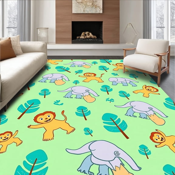 ODIKA 5x7 Machine Washable Non-Slip Area Rug, Cheerful Jungle Pals Elephant Lion Monkey Playtime Storybook High Traffic Rug, Green, 683054