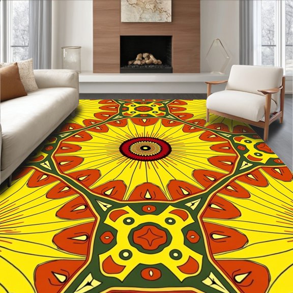 ODIKA 5x7 Machine Washable Non-Slip Area Rug, Cheerful Sunburst Medallion with Radiating Ray Details High Traffic Rug, Yellow, 703380