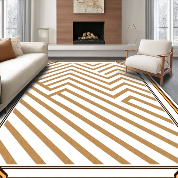 ODIKA 5'x7' Machine Washable Non-Slip Area Rug, Chevron Zigzag Stripes with Ornamental Border Framework High Traffic Rug with Pad, Brown, 591694