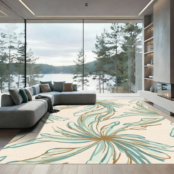 ODIKA 5'x7' Machine Washable Non-Slip Area Rug, Chic Scaled with Flowing Lines and Natural Hues High Traffic Rug, Ivory, 905788