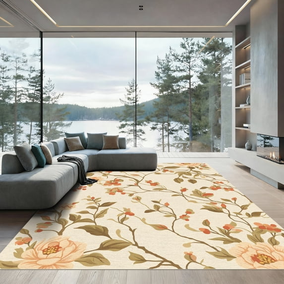 ODIKA 5'x7' Machine Washable Non-Slip Area Rug, Chinoiserie Cream High Traffic Rug, Beige, 1088844