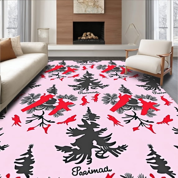 ODIKA 5'x7' Machine Washable Non-Slip Area Rug, Christmas Tree Farm Landscape with Cardinal Motifs High Traffic Rug, Pink, 733183