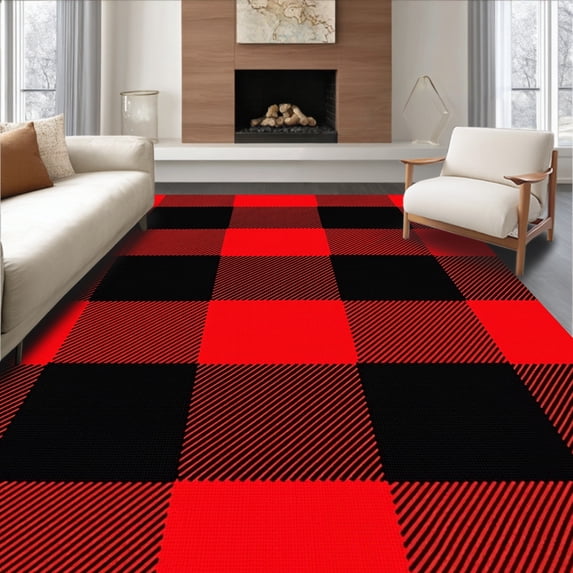 ODIKA 5'x7' Machine Washable Non-Slip Area Rug, Classic Buffalo Check with Bold Contrast and Crisp Borders High Traffic Rug with Pad, Red, 508331