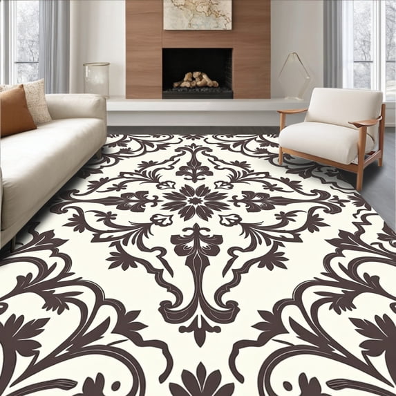 ODIKA 5'x7' Machine Washable Non-Slip Area Rug, Classic Damask Design Featuring Elegant Swirls and Refined Detailing High Traffic Rug with Pad, Ivory, 355726