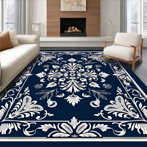 ODIKA 5'x7' Machine Washable Non-Slip Area Rug, Classic Damask Flourish With Botanical Vines And Petal Highlights High Traffic Rug with Pad, Blue, 717687