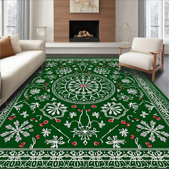 ODIKA 5'x7' Machine Washable Non-Slip Area Rug, Classic Holiday Branches and Berry Medallion Interlocking High Traffic Rug, Green, 731882