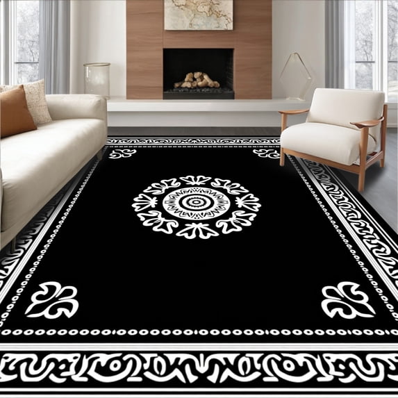 ODIKA 5'x7' Machine Washable Non-Slip Area Rug, Classic Rosette Medallion with Decorative Scroll Framework High Traffic Rug, Black, 545646