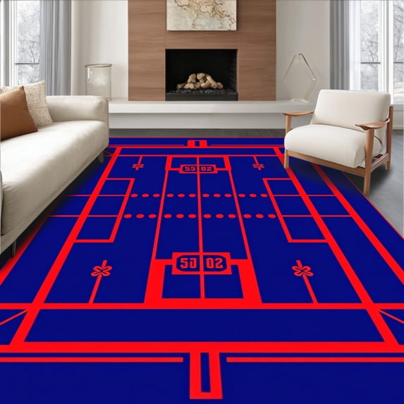 ODIKA 5'x7' Machine Washable Non-Slip Area Rug, Classic Stadium Field Design with Stylized Yard Lines and Numbers High Traffic Rug with Pad, Blue, 671210