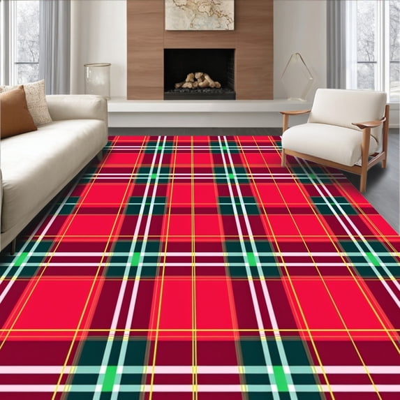 ODIKA 5'x7' Machine Washable Non-Slip Area Rug, Classic Tartan Patterned Pathway Accent With Bold Crimson And Emerald Bands High Traffic Rug, Red, 612991