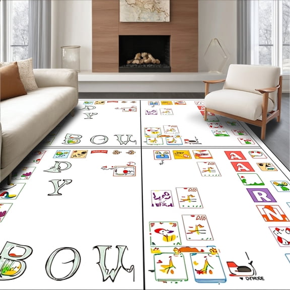 ODIKA 5'x7' Machine Washable Non-Slip Area Rug, Colorful Learning with Illustrated Animals and Distinct Alphabet Blocks High Traffic Rug, Red, 699506