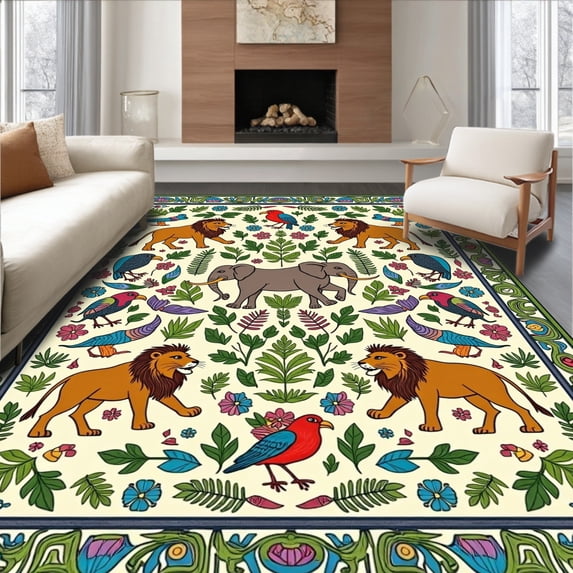 ODIKA 5'x7' Machine Washable Non-Slip Area Rug, Colorful Wild Animal Parade Highlighting 3D Lions Elephants and Birds High Traffic Rug with Pad, Beige, 682359