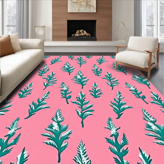 ODIKA 5'x7' Machine Washable Non-Slip Area Rug, Conifer Needle Cascade Winter Wonderland Anti Slip High Traffic Rug with Pad, Pink, 504945