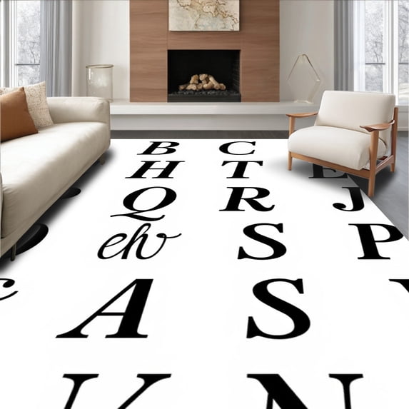 ODIKA 5'x7' Machine Washable Non-Slip Area Rug, Contemporary Character Minimalist Font Showcase Floor Covering High Traffic Rug with Pad, Black, 696716