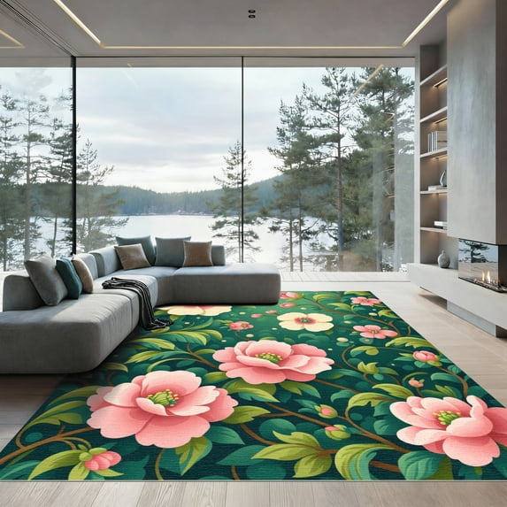 ODIKA 5'x7' Machine Washable Non-Slip Area Rug, Contemporary Green High Traffic Rug, Green, 1018285