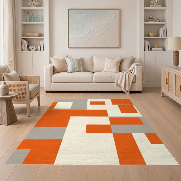 ODIKA 5'x7' Contemporary Orange Print Washable Area Rug Easy Care, Non-Shedding, Pet Friendly, for Small Living Room, Bedroom