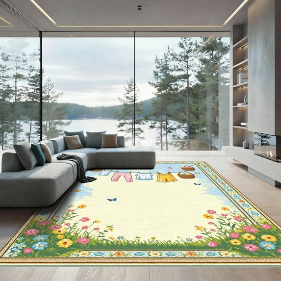 ODIKA 5x7 Machine Washable Non-Slip Area Rug, Cottagecore Blue High Traffic Rug with Pad, Blue, 1051107