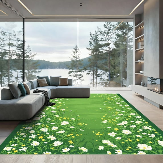 ODIKA 5'x7' Machine Washable Non-Slip Area Rug, Cottagecore Green High Traffic Rug with Pad, Green, 1050588