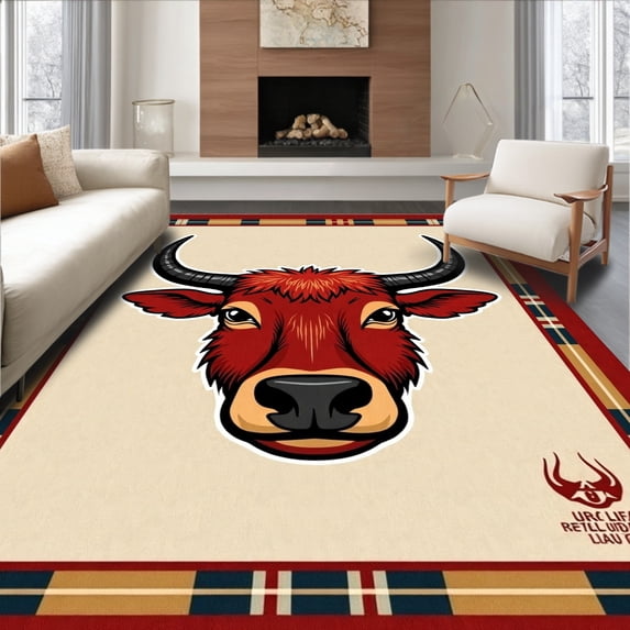 ODIKA 5'x7' Machine Washable Non-Slip Area Rug, Country Shaggy Longhorn Artisan Crafted High Traffic Rug with Pad, Red, 624147