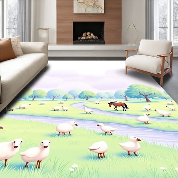 ODIKA 5x7 Machine Washable Non-Slip Area Rug, Countryside Journey Sensory including Fine Motor Vehicle s High Traffic Rug with Pad, Green, 685877