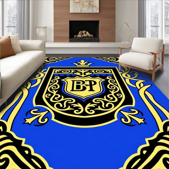 ODIKA 5'x7' Machine Washable Non-Slip Area Rug, Crest Interlocking Motif with High Traffic Rug, Blue, 672285
