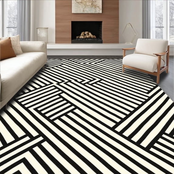 ODIKA 5'x7' Machine Washable Non-Slip Area Rug, Crosshatch with Diagonal Intersecting Bands High Traffic Rug, Black, 667583