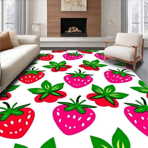 ODIKA 5'x7' Machine Washable Non-Slip Area Rug, Cute Strawberry with Fresh Fruit and Leaf Details High Traffic Rug with Pad, Red, 722803
