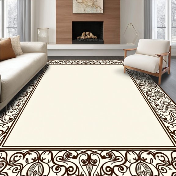 ODIKA 5'x7' Machine Washable Non-Slip Area Rug, Damask Floor with Flourishing Scroll High Traffic Rug, Brown, 665805