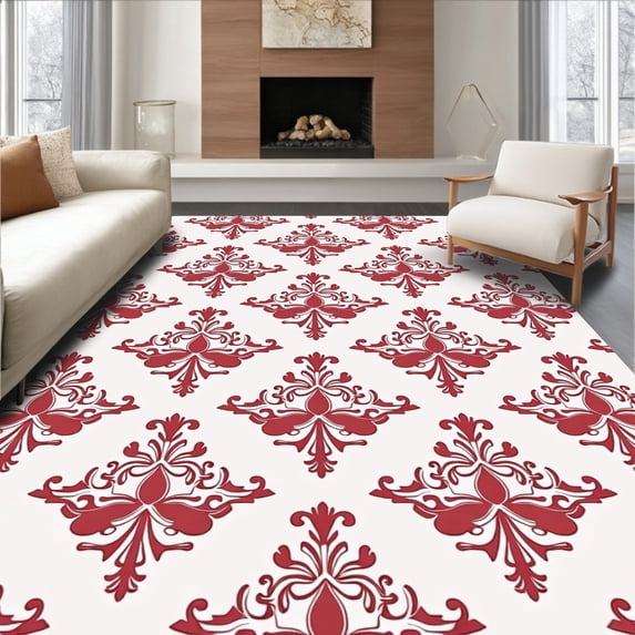 ODIKA 5'x7' Machine Washable Non-Slip Area Rug, Damask Heritage Artisan High Traffic Rug with Pad, Red, 563567