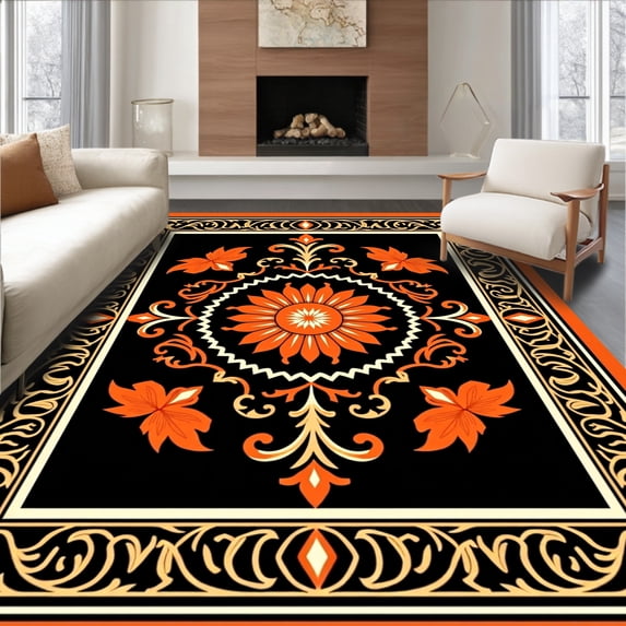 ODIKA 5'x7' Machine Washable Non-Slip Area Rug, Damask Heritage Infused With Contemporary Flair High Traffic Rug, Orange, 583276