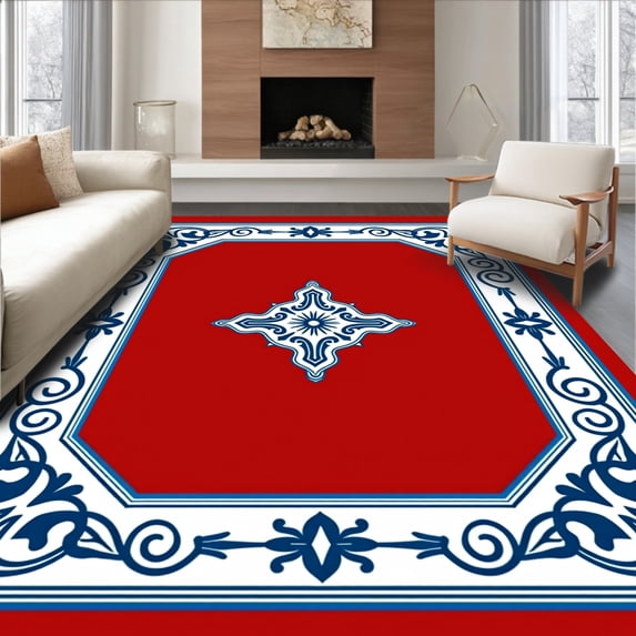 ODIKA 5'x7' Machine Washable Non-Slip Area Rug, Damask Interlocking Motif with Stylized Vinework High Traffic Rug with Pad, Red, 549521
