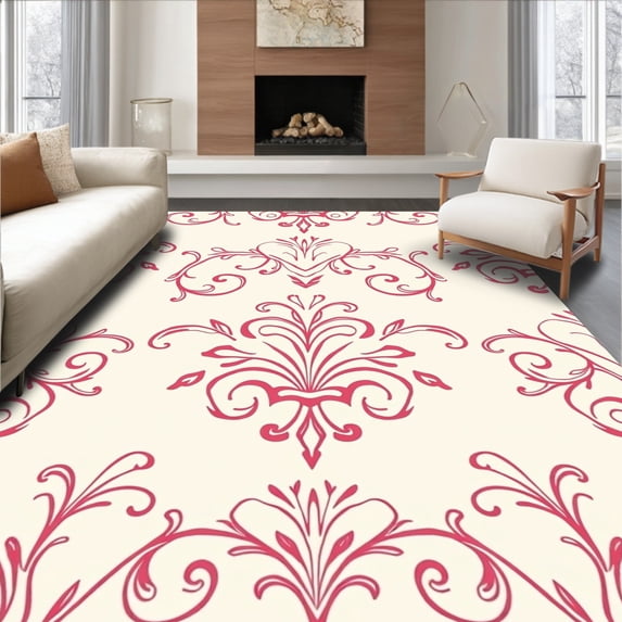 ODIKA 5'x7' Machine Washable Non-Slip Area Rug, Damask Swirl Heirloom Luxurious Artistic Creation High Traffic Rug, Pink, 541703