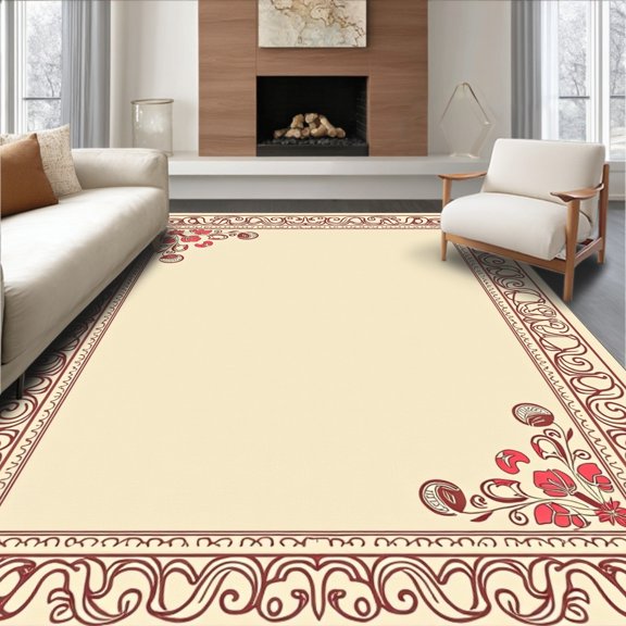 ODIKA 5x7 Machine Washable Non-Slip Area Rug, Distressed Botanical Scroll Design with Classic Elegance High Traffic Rug, Ivory, 657442