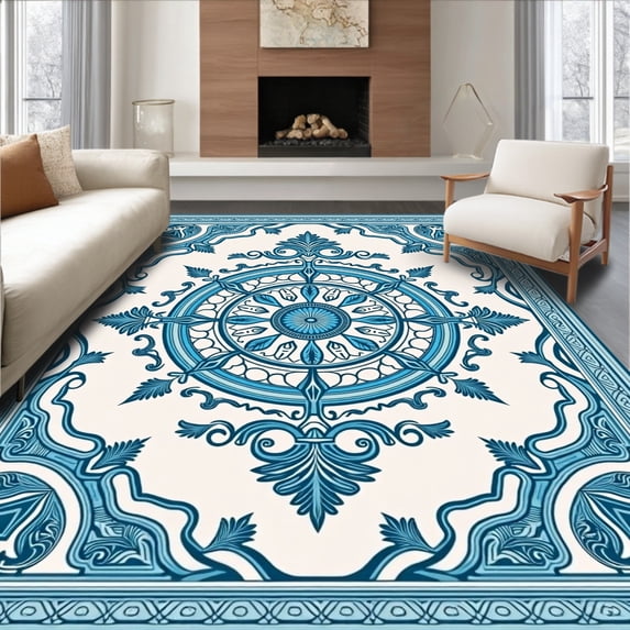 ODIKA 5'x7' Machine Washable Non-Slip Area Rug, Distressed Opulent Medallion with Artistic Lattice Overlay High Traffic Rug with Pad, Blue, 660032