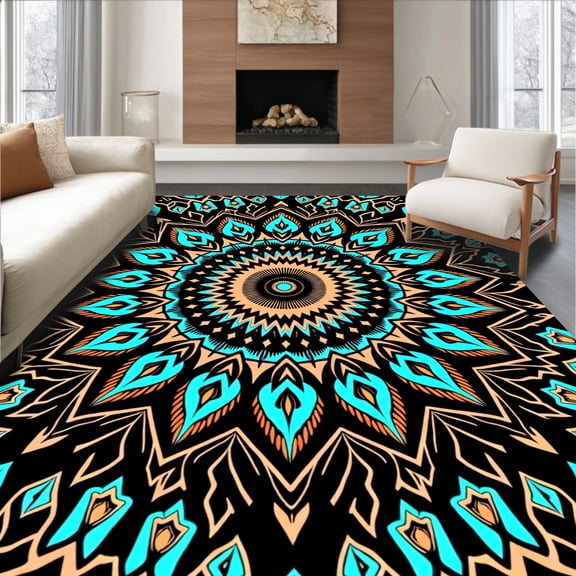 ODIKA 5'x7' Machine Washable Non-Slip Area Rug, Dreamcatcher Latch Hook Kit with Symbols and Feathers High Traffic Rug, Black, 645901