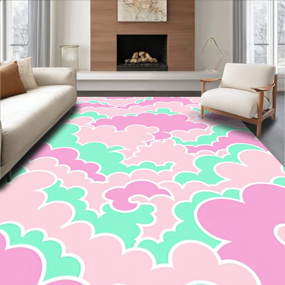ODIKA 5x7 Machine Washable Non-Slip Area Rug, Dreamy Cloud Castle Fantasy with Magical Swirls High Traffic Rug, Pink, 569395