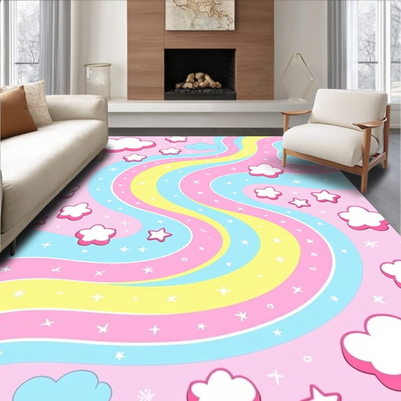 ODIKA 5'x7' Machine Washable Non-Slip Area Rug, Dreamy Pathway with Smiling Clouds and Twinkling Stars High Traffic Rug with Pad, Pink, 725721