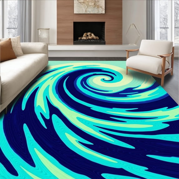 ODIKA 5'x7' Machine Washable Non-Slip Area Rug, Dynamic Ocean Swell Latch Hook with Flowing Wave Motifs High Traffic Rug with Pad, Blue, 717458