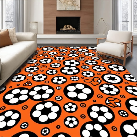 ODIKA 5'x7' Machine Washable Non-Slip Area Rug, Dynamic Sports Sphere Motif Featuring Interlocking Black and Panels High Traffic Rug, Orange, 672711