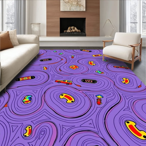 ODIKA 5'x7' Machine Washable Non-Slip Area Rug, Educational ABC Street Map Playmat featuring Cartoon Animal Characters High Traffic Rug, Purple, 695235