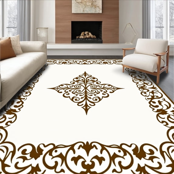ODIKA 5'x7' Machine Washable Non-Slip Area Rug, Elegant Baroque Scroll Damask Sophisticated Luxury Accent High Traffic Rug with Pad, Brown, 472553