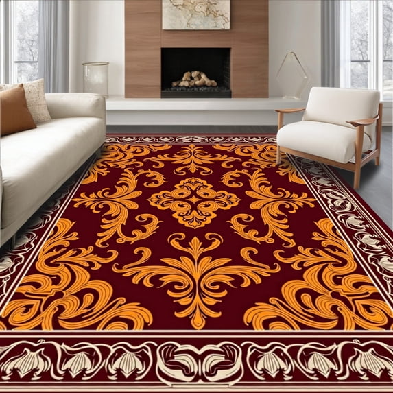 ODIKA 5'x7' Machine Washable Non-Slip Area Rug, Elegant Damask Motif with Symmetrical Interlocking Scrolls High Traffic Rug with Pad, Maroon, 679354
